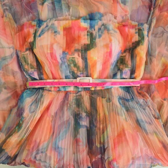 Hutch Coral Multi Swirl Strapless Pleated Fit Flare  Belted Midi Dress Sz 14 - Picture 8 of 12